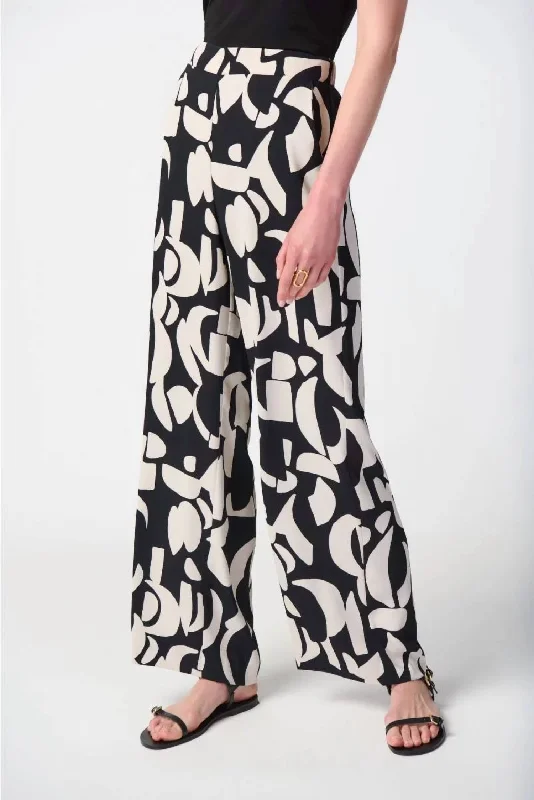 Abstract Print Wide-Leg Pants In Black/moonstone