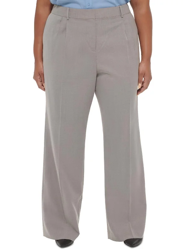 Plus Womens Mid Rise Pleated Wide Leg Pants