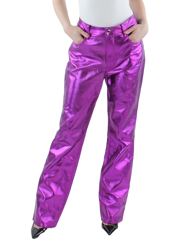 Womens Faux Leather Metallic Straight Leg Pants