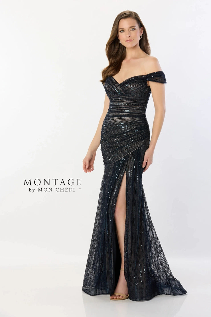 Montage M2240 Off Shoulder Sparkle with Slit Gown