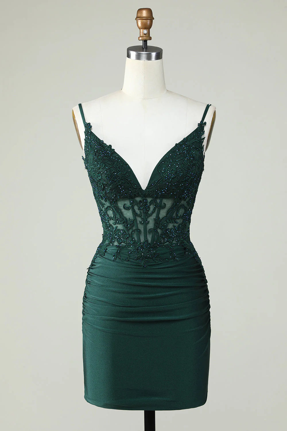 Amzcw Bodycon Dark Green Spaghetti Straps Corset Homecoming Dress with Beading