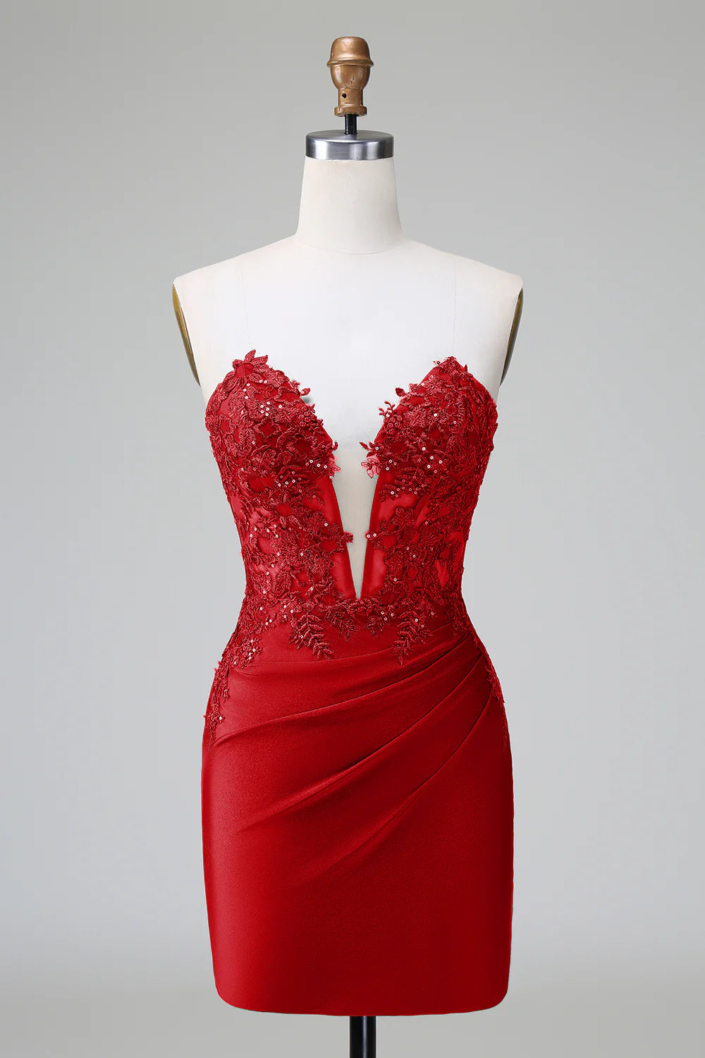 Amzcw Classy Red Bodycon Strapless Pleated Short Homecoming Dress with Beading