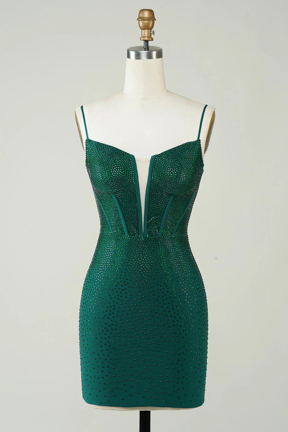 Amzcw Dark Green Bodycon Spaghetti Straps Short Homecoming Dress with Beading