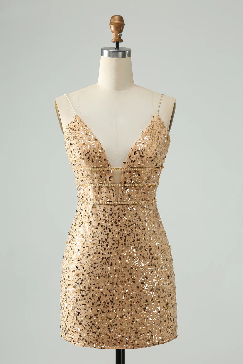 Amzcw Glitter Golden Bodycon Spaghetti Straps Corset Short Homecoming Dress with Sequins