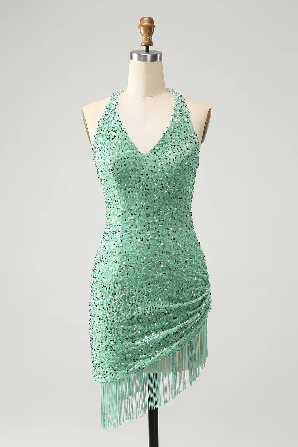 Amzcw Glitter Sage Bodycon Halter Sequin Short Homecoming Dress with Tassels