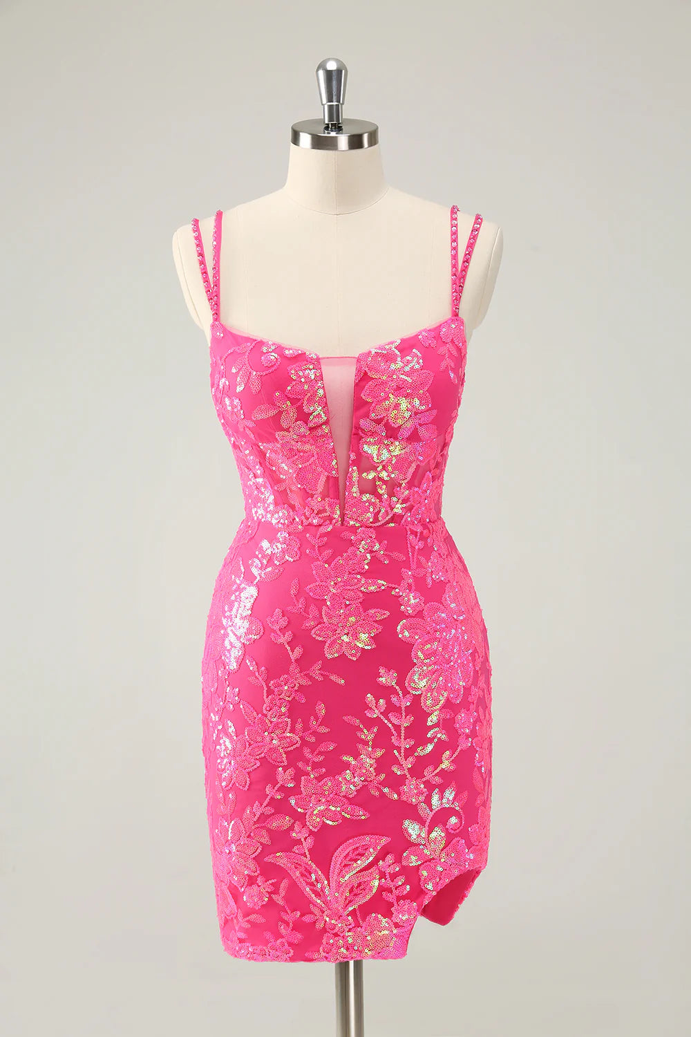 Amzcw Gorgeous Hot Pink Bodycon Spaghetti Straps Glittler Homecoming Dress with Lace Up Back