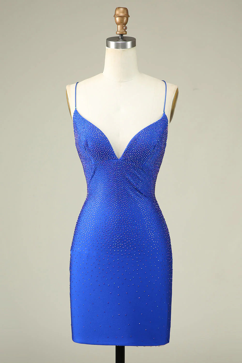 Amzcw Royal Blue Bodycon Spaghetti Straps Pleated Short Homecoming Dress With Beading