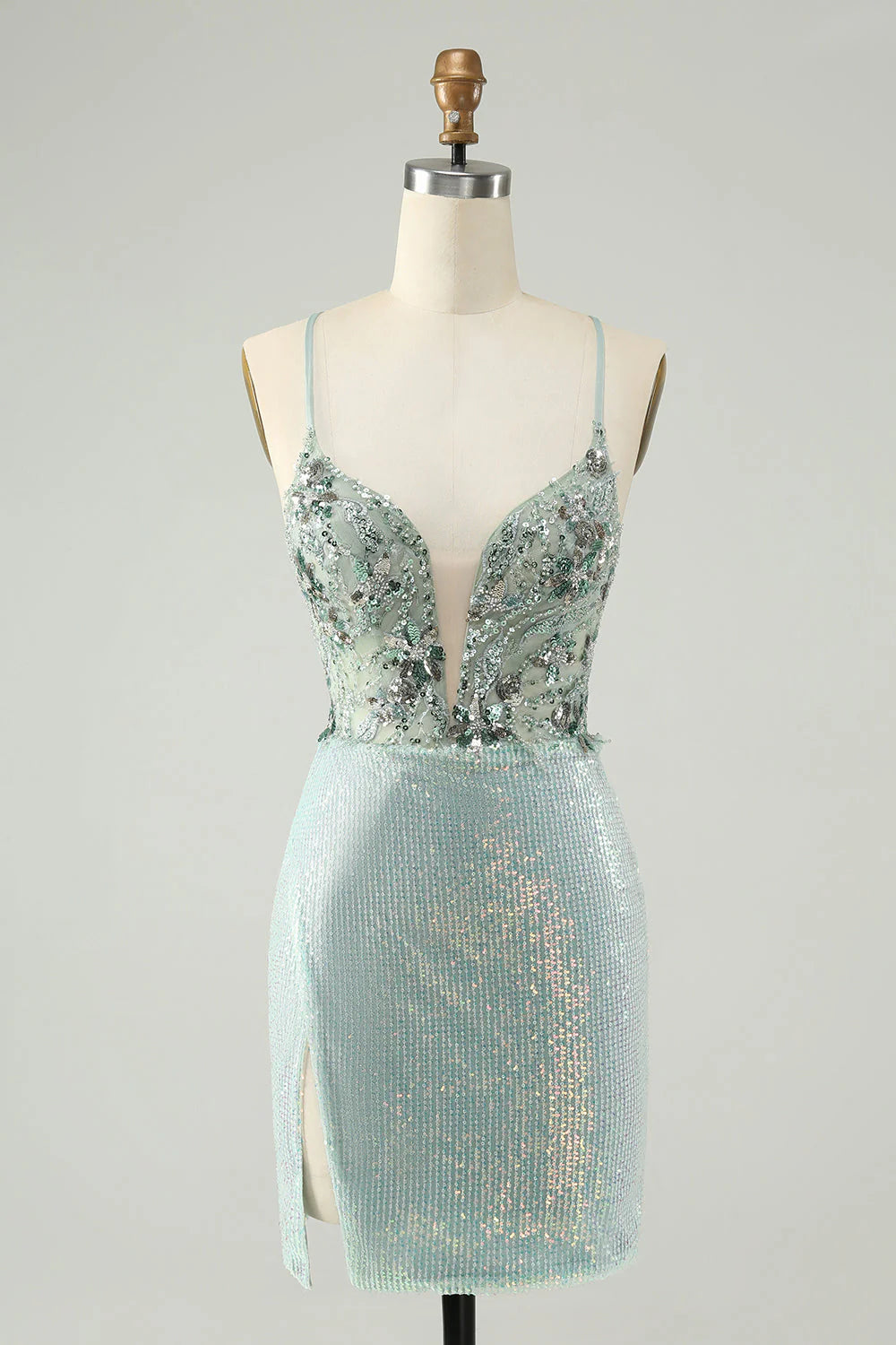 Amzcw Sparkly Dusty Green Bodycon Spaghetti Straps Short Homecoming Dress with Sequins