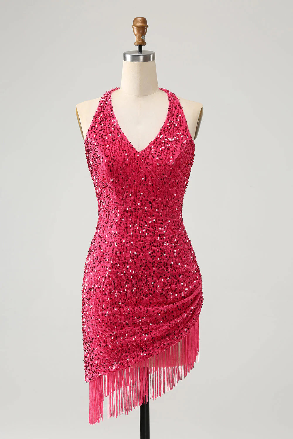 Amzcw Sparkly Fuchsia Bodycon Halter Sequin Short Homecoming Dress with Tassels