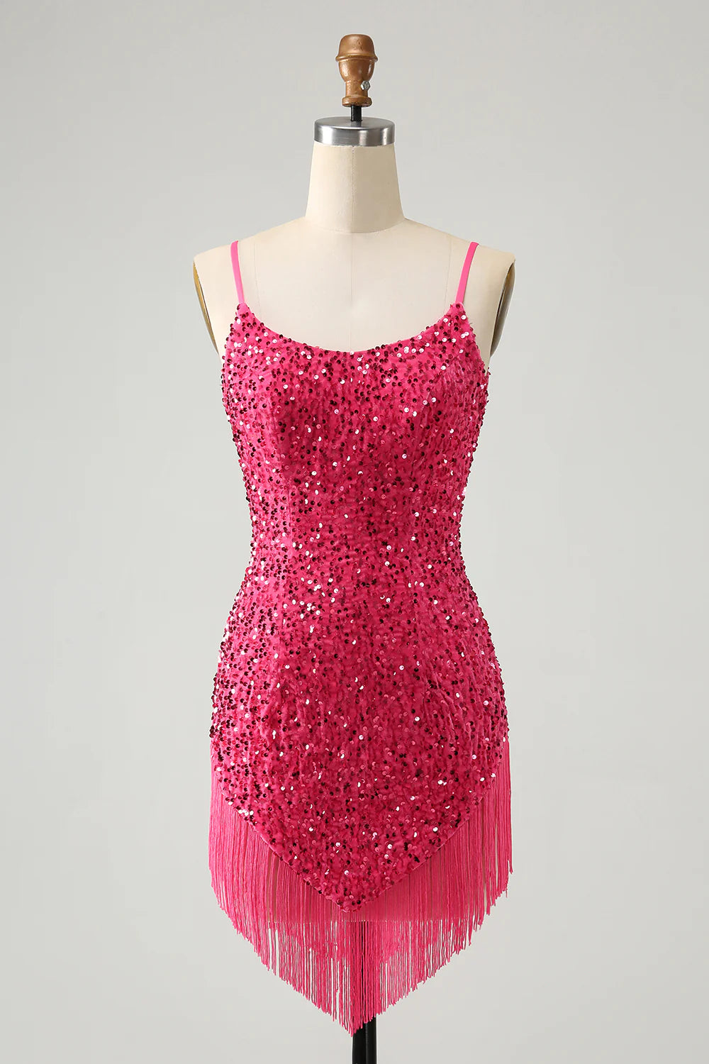 Amzcw Sparkly Fuchsia Bodycon Spaghetti Straps Sequin Short Homecoming Dress with Tassels