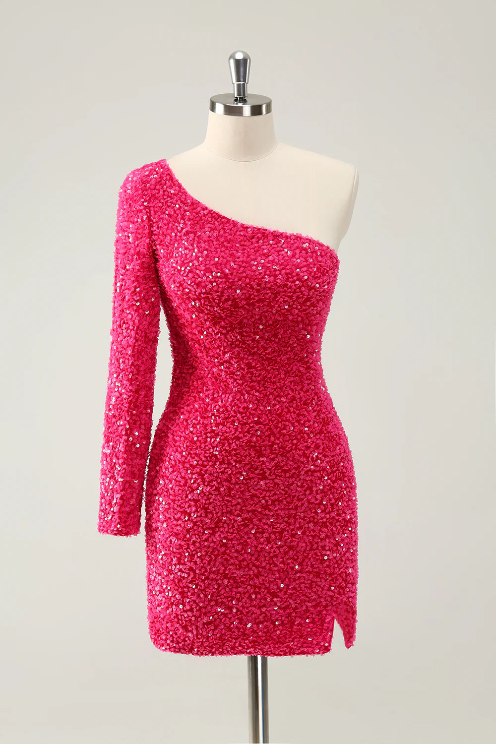 Amzcw Sparkly Hot Pink Bodycon One Shoulder Long Sleeve Short Homecoming Dress with Slit