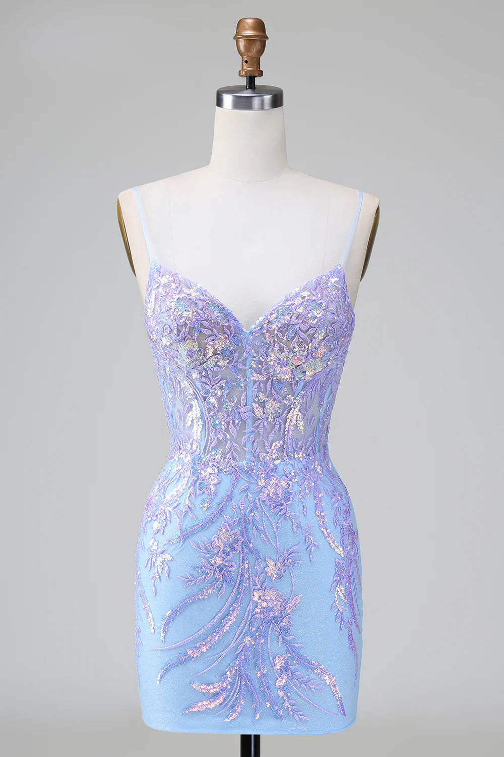 Amzcw Sparkly Lilac Blue Bodycon Spaghetti Straps Corset Short Homecoming Dress with Sequins