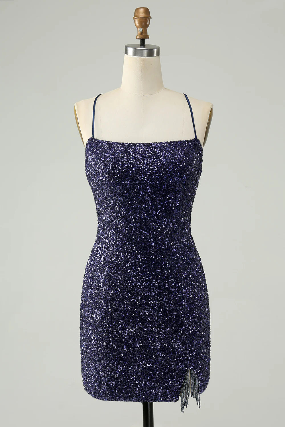 Amzcw Sparkly Navy Bodycon Spaghetti Straps Backless Short Homecoming Dress with Sequins