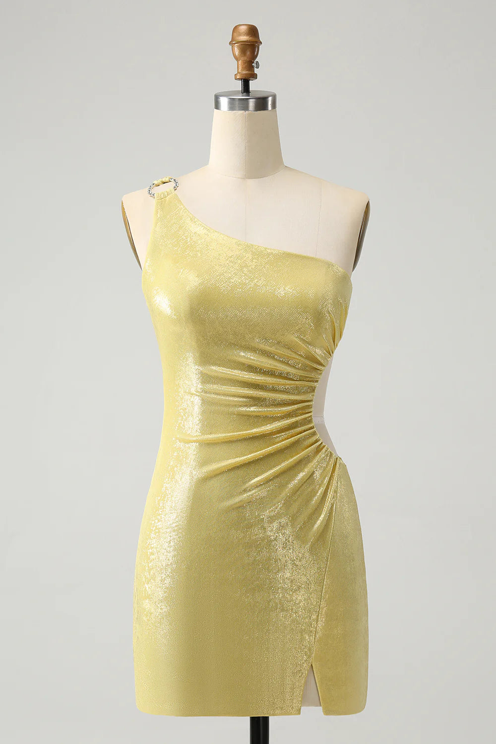 Amzcw Sparkly Yellow Bodycon One Shoulder Hollow Out Pleated Metallic Homecoming Dress