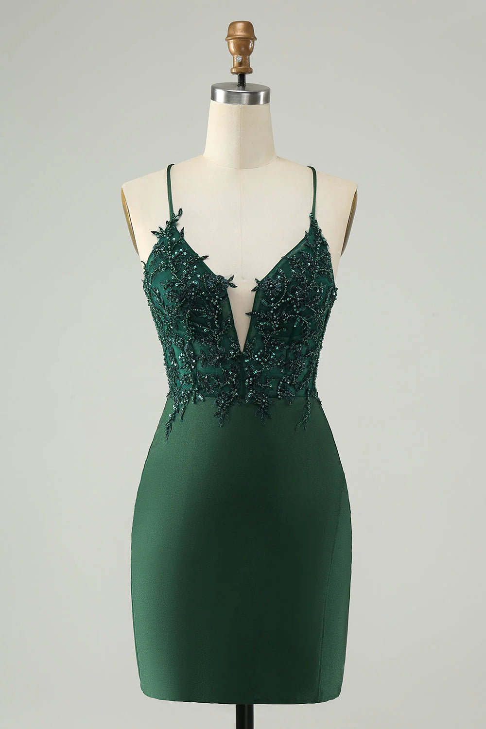 Amzcw Stylish Dark Green Bodycon V Neck Short Homecoming Dress with Beading