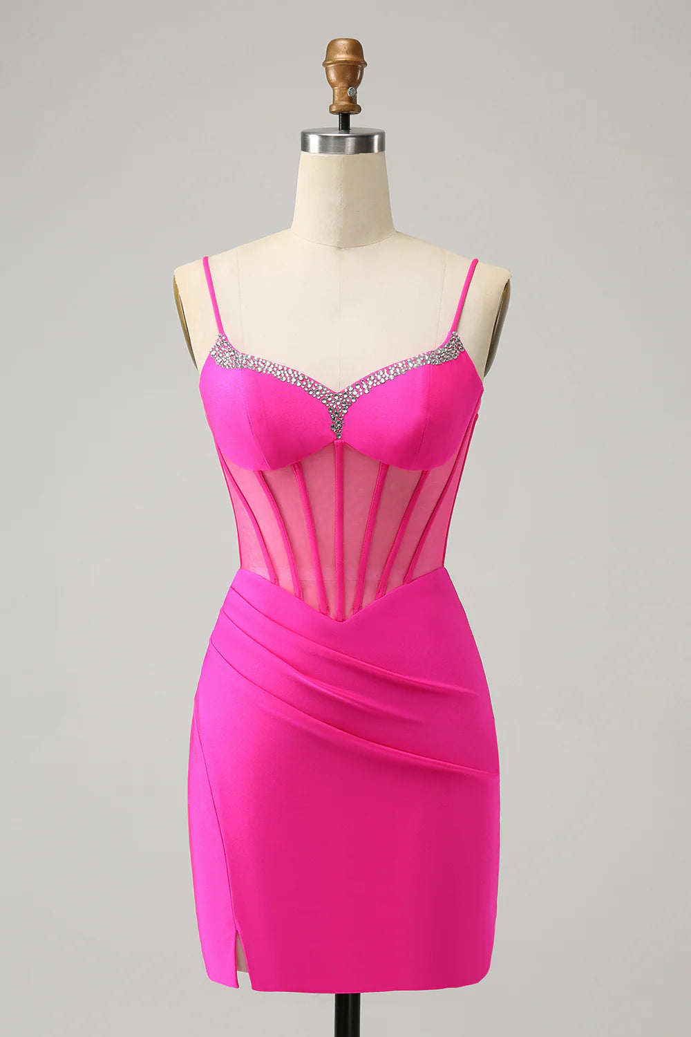 Amzcw Stylish Fuchsia Bodycon Lace Up Back Beaded Corset Short Homecoming Dress with Slit