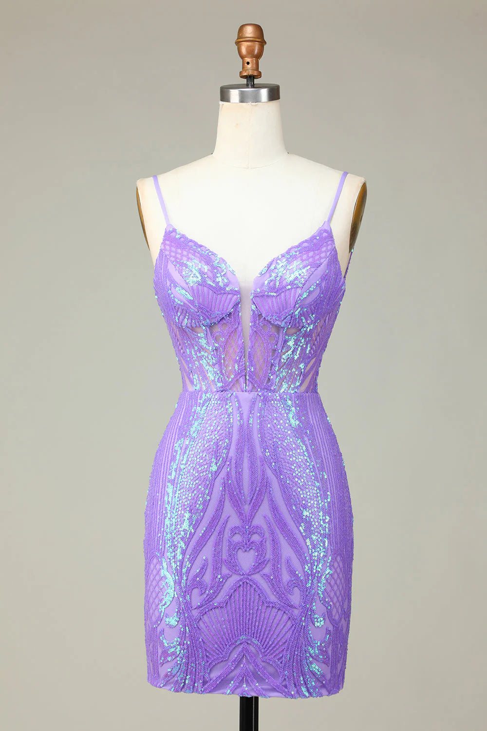 Amzcw Stylish Lilac Bodycon Sequins Corset Homecoming Dress with Criss Cross Back