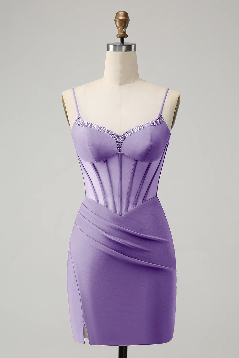 Amzcw Stylish Purple Bodycon Lace Up Back Beaded Corset Short Homecoming Dress with Slit