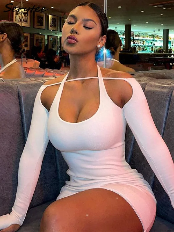 2023 Serytee Spring Long Sleeve Halter White Bodycon Dress