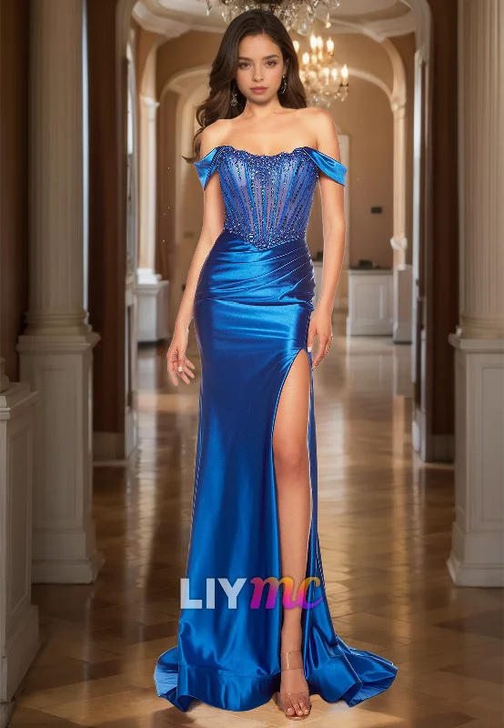 Off-Shoulder Sleeveless Beaded High Slit Bodycon Sheath Prom Dress