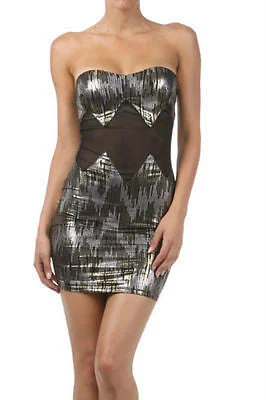 Dress Sexy Metallic Zig Zag Gold Silver See Thru Mesh Stretch Bodycon