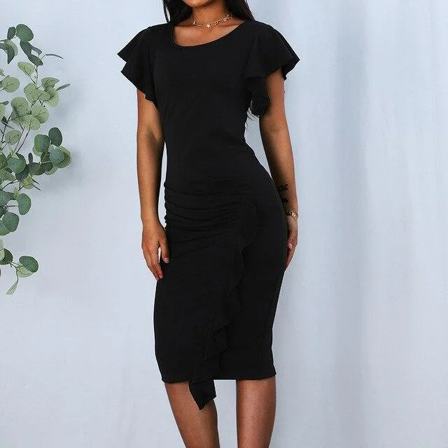 FashionSierra - Fashion Casual Solid Color Ruffled Butterfly Sleeve Women Bodycon Dress Sexy Women Office Wear Black Dress Women