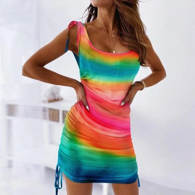 FashionSierra - Fashion Sexy Sleeveless Tie Dye Wrinkled Bandage Bodycon Dress Sexy Women Summer Dress Tie Dye Dress Women