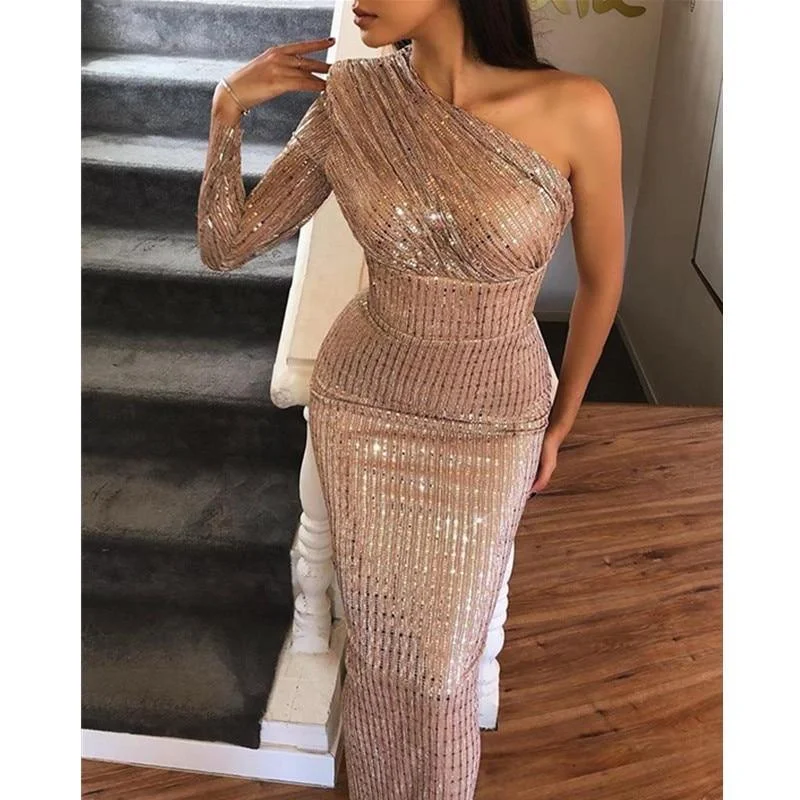 FashionSierra - One Sleeeve Bodycon Sequined Dress