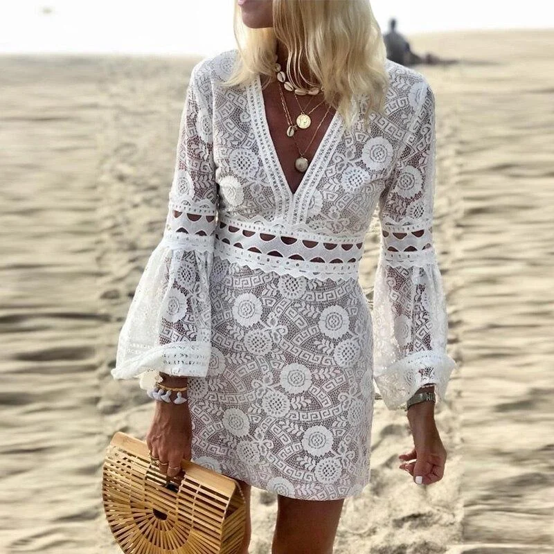 FashionSierra - Plunge V-neck Bell Sleeve Lace Bodycon Dress