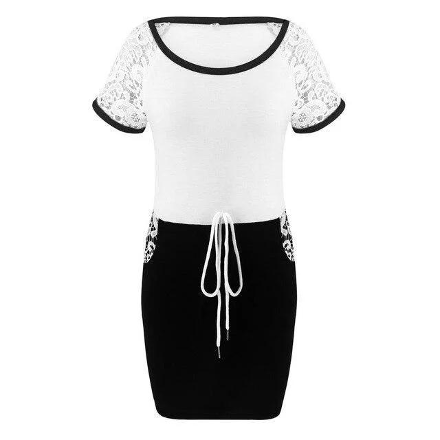 FashionSierra - Sexy Dress Short Sleeve Lace Patchwork Lace Up Estic Waist Black Gray Short Sleeve Women Dress Bodycon Dress Women