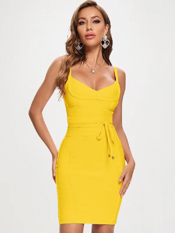 Spaghetti Strap Belt Sashes V-Neck Bodycon Dresses