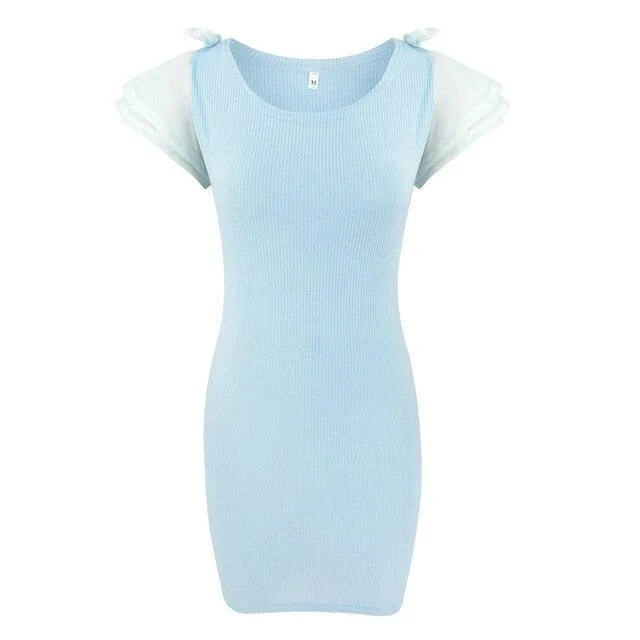 FashionSierra - Summer Clothing Sexy Blue Round Neck Lace Patchwork Bow Short Sleeve Women Dress Sexy Drss Bodycon Dress