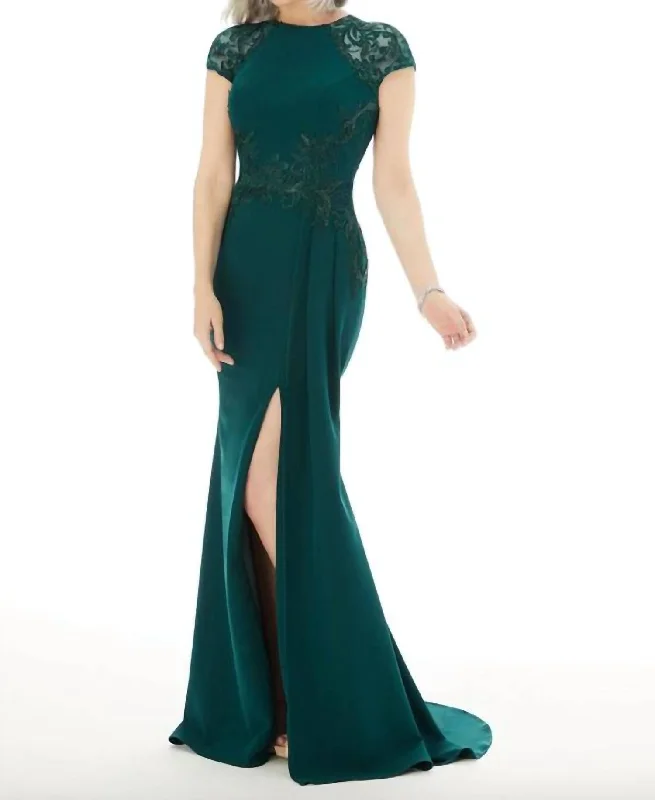 Mgny - Fit And Flare Evening Gown With Beading On Crepe In Emerald