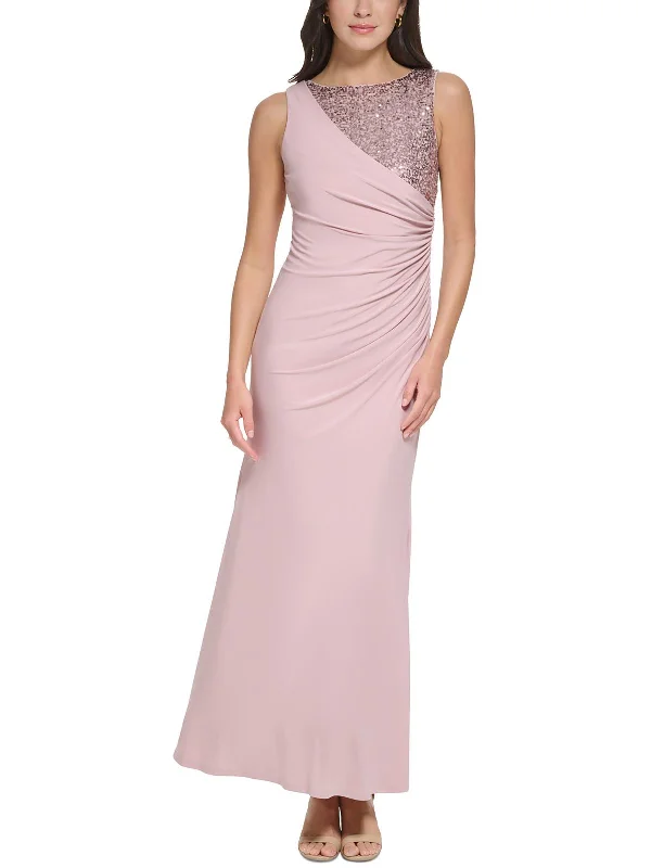 Petites Womens Ruched Jersey Evening Dress