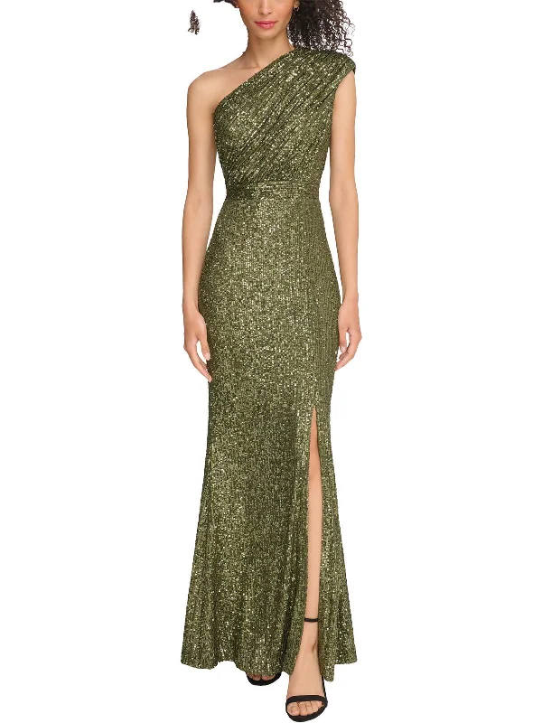 Petites Womens Sequined One Shoulder Evening Dress