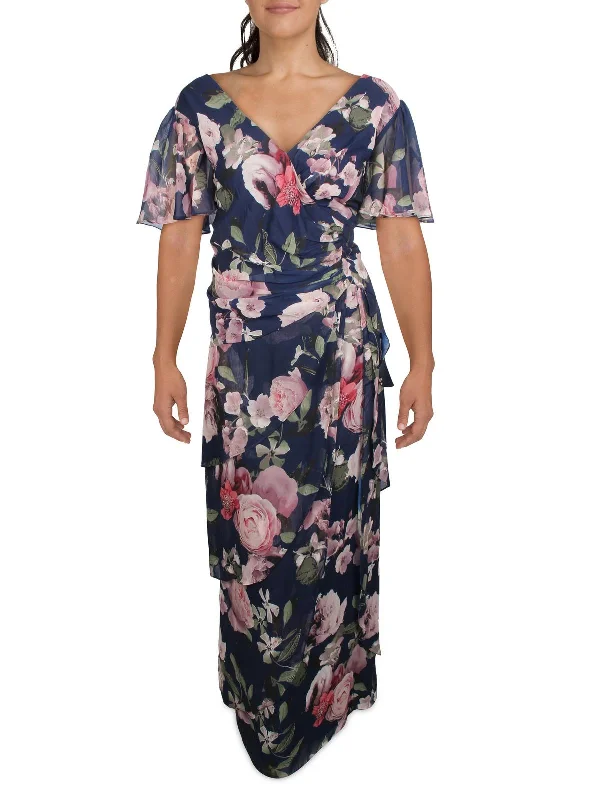 Plus Womens Floral Ruffled Evening Dress