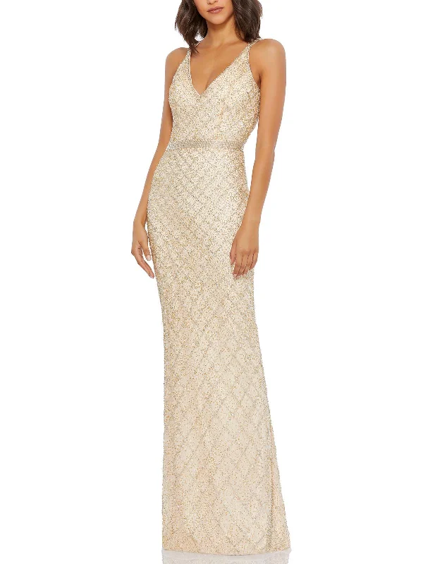 Womens Beaded Open Back Evening Dress