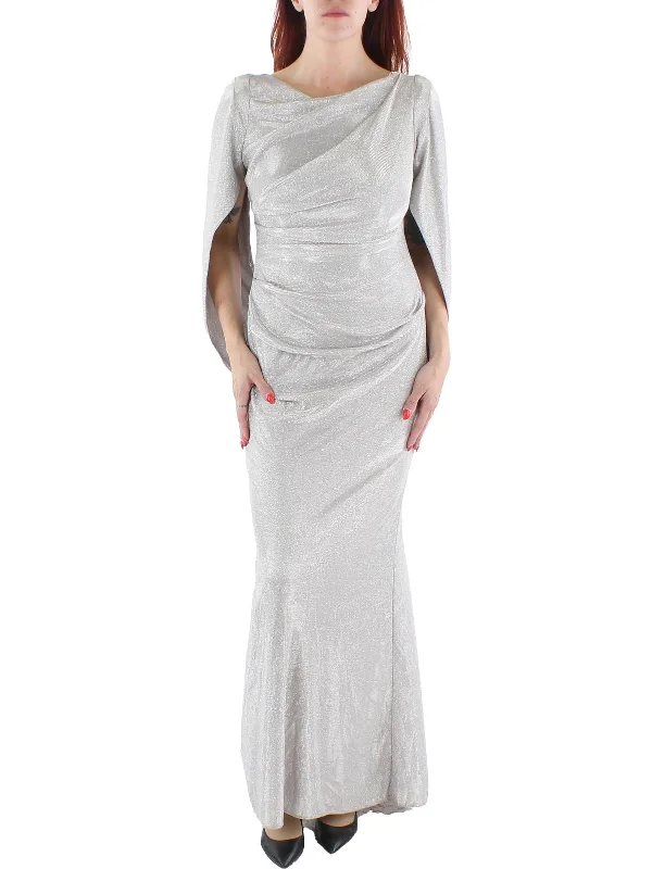 Womens Metallic Cape Sleeve Evening Dress