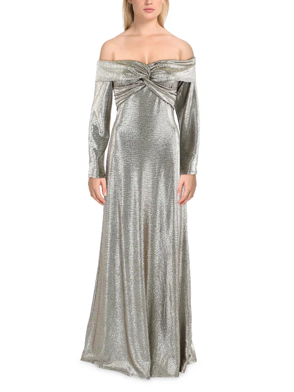 Womens Metallic Off-The-Shoulder Evening Dress