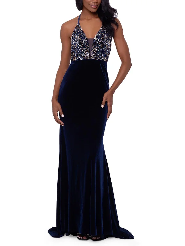 Womens Velvet Embellished Evening Dress