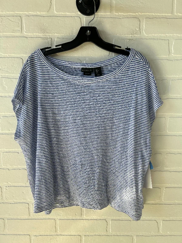 Top Short Sleeve By Tahari By Arthur Levine In Blue & White, Size: L